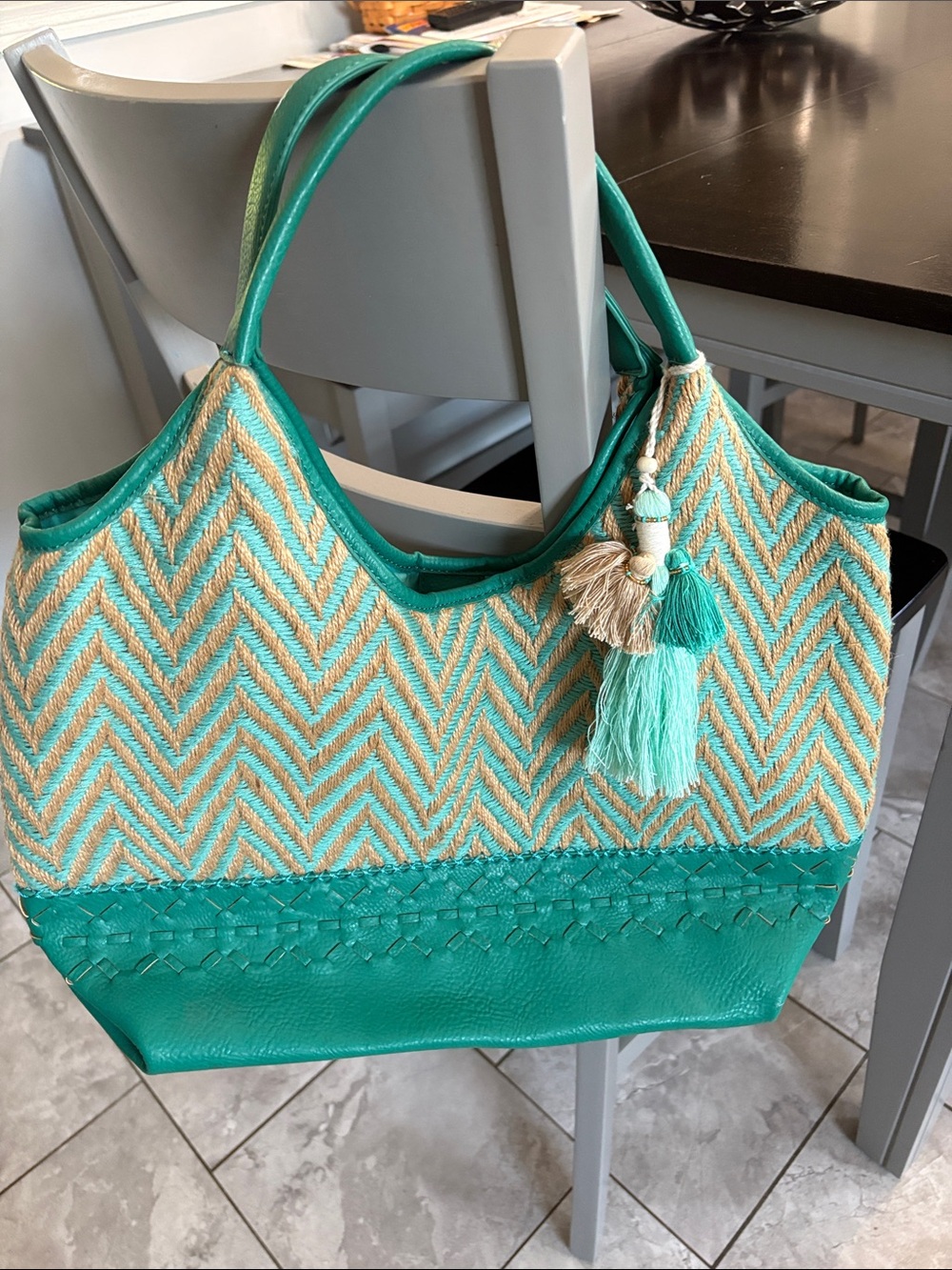 Steve Madden Teal and Natural Chevron Tote with Tassel